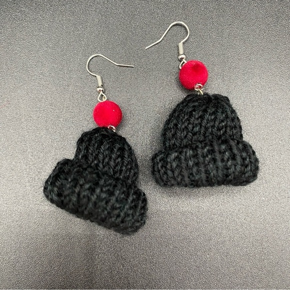 Handknit Black and Burgundy Winter Hat Earrings - Picture 1 of 7